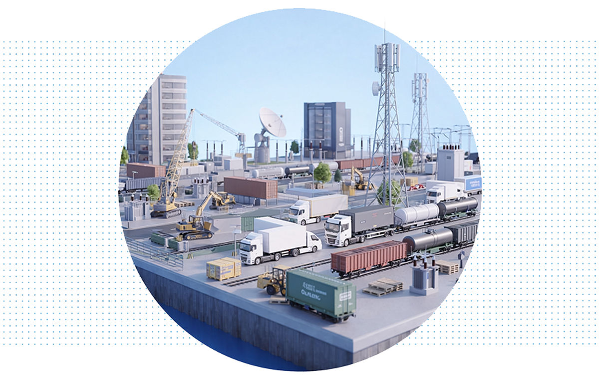 Stylized 3D illustration of a multimodal transportation and logistics hub featuring trucks, railcars, shipping containers, cranes, telecommunications towers, utility infrastructure, and industrial buildings. The scene highlights the interconnected systems that support freight movement, communications, and essential services.