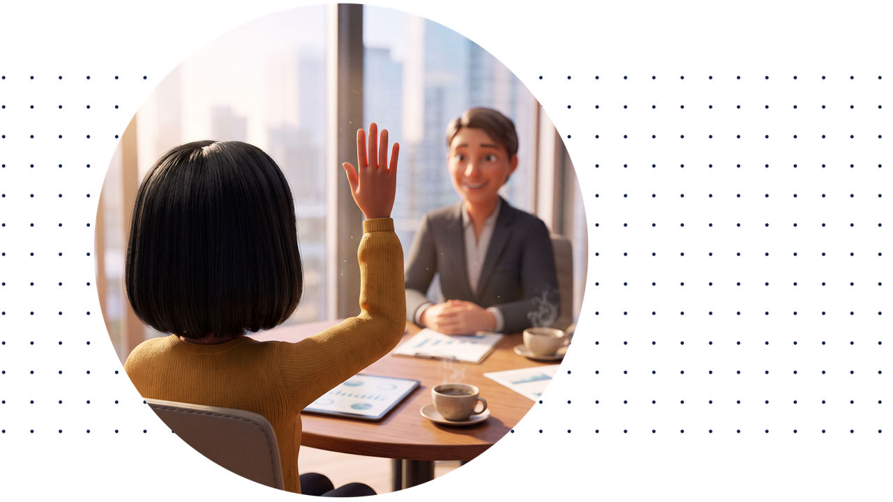 Woman raising her hand in a meeting room; placeholder for the income ETF chart.