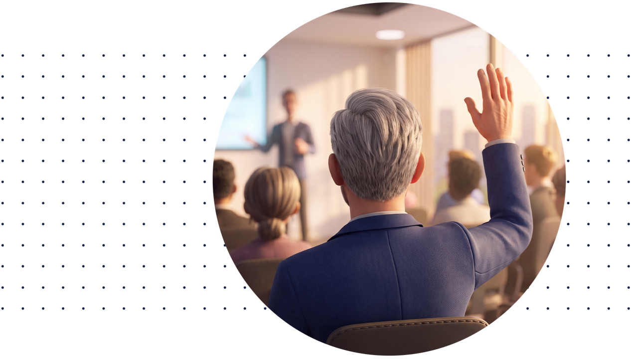 Man raising his hand in a meeting room; placeholder for the Buffer ETFs Explained video.