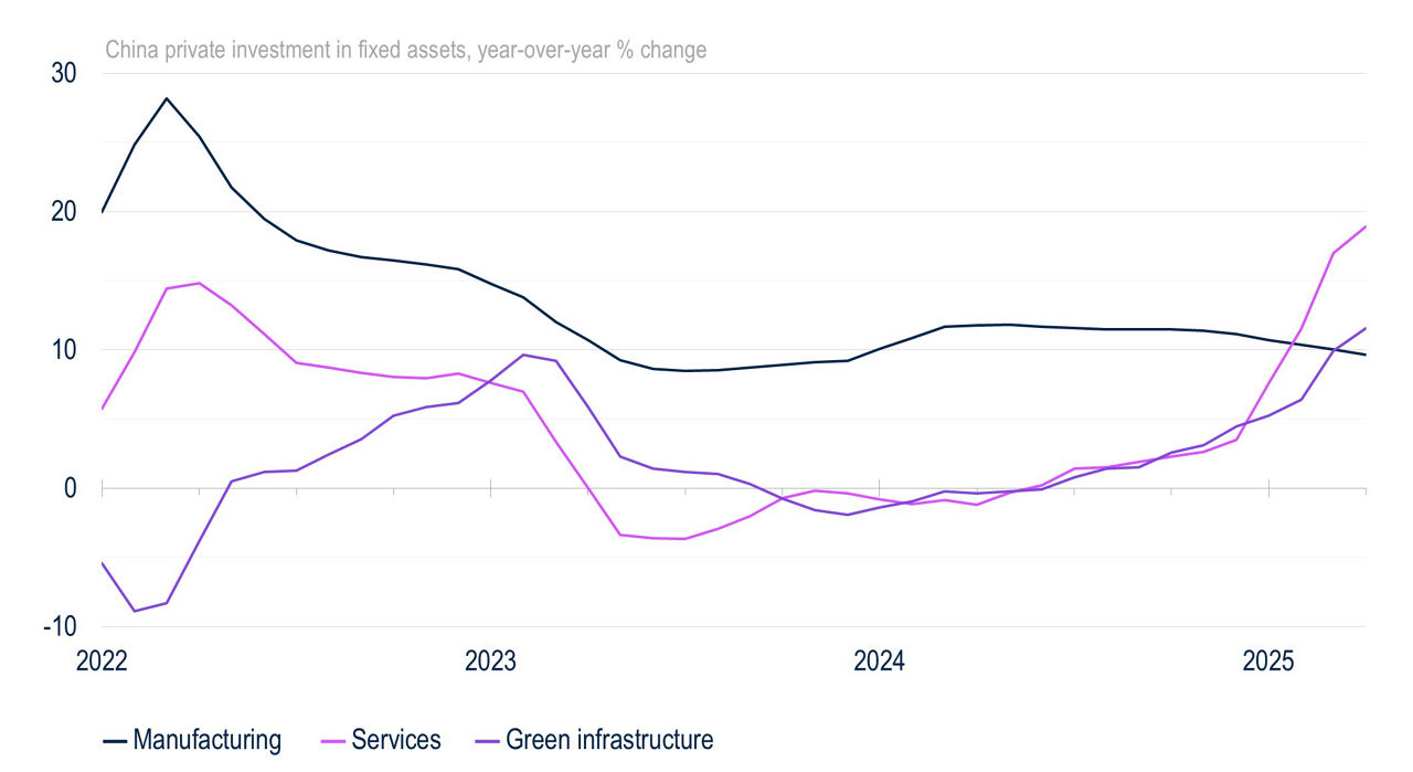 China's private investment in fixed assets, year-over-year, % change