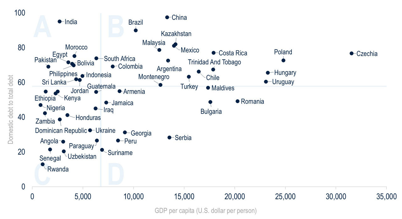 Share of domestic government data (%) vs. GDP per capita of emerging market countries.