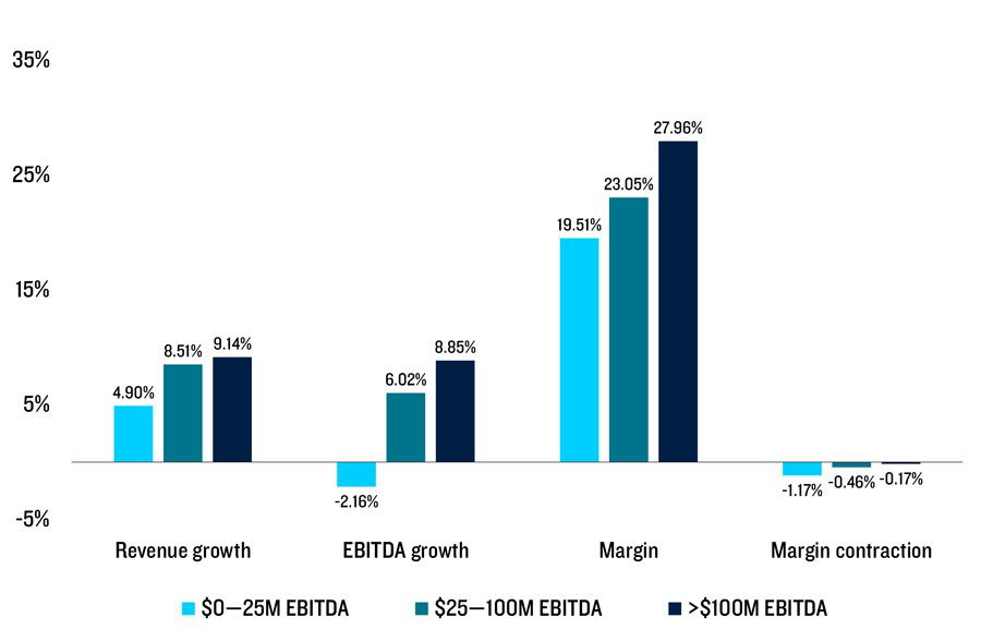 Bar chart comparing revenue growth, EBITDA growth and margin across small, medium and large cap private credit. 