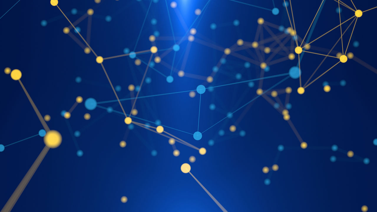 Digital abstract Network of blue and yellow lines and connected dots. 3d render