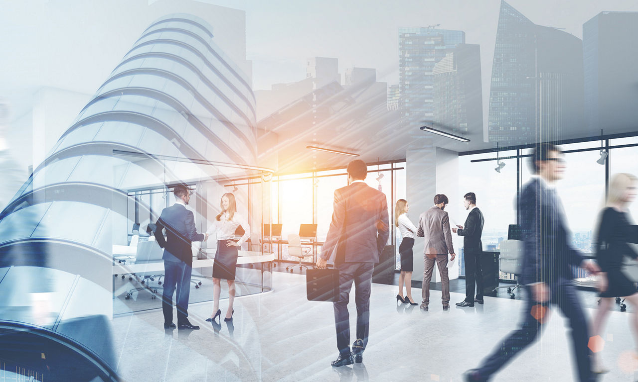 Business people in a modern office. Cityscape foreground. International business and communication concept. 3d rendering mock up toned image double exposure blurred, Business people in a modern office. Cityscape foreground. International business and communication concept. 3d rendering mock up toned image double exposure blurred