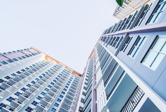 Modern high-rise residential buildings viewed from below