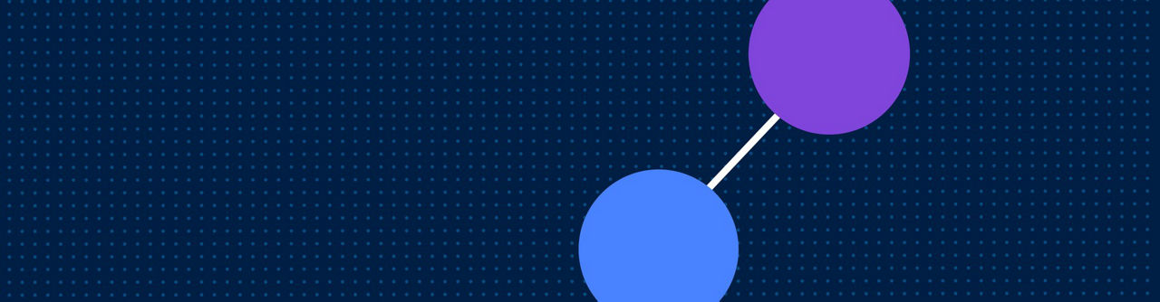 Blue and purple circles joined by a white line on a navy dotted background.