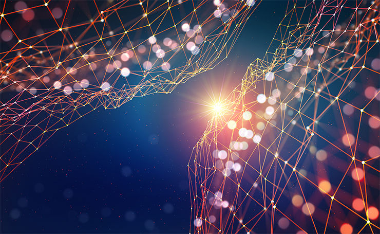 Abstract tech background. Shining star. Glowing polygon network with bokeh effect. 3D illustration on digital technology
