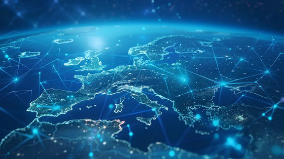 Digital map of Europe with connected network lines