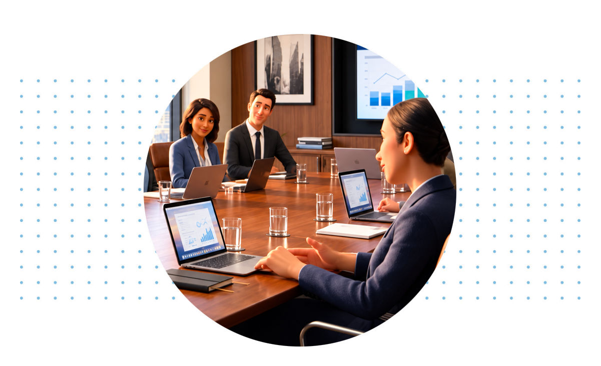 Professionals discuss data around a conference table with laptops and charts displayed on screen.