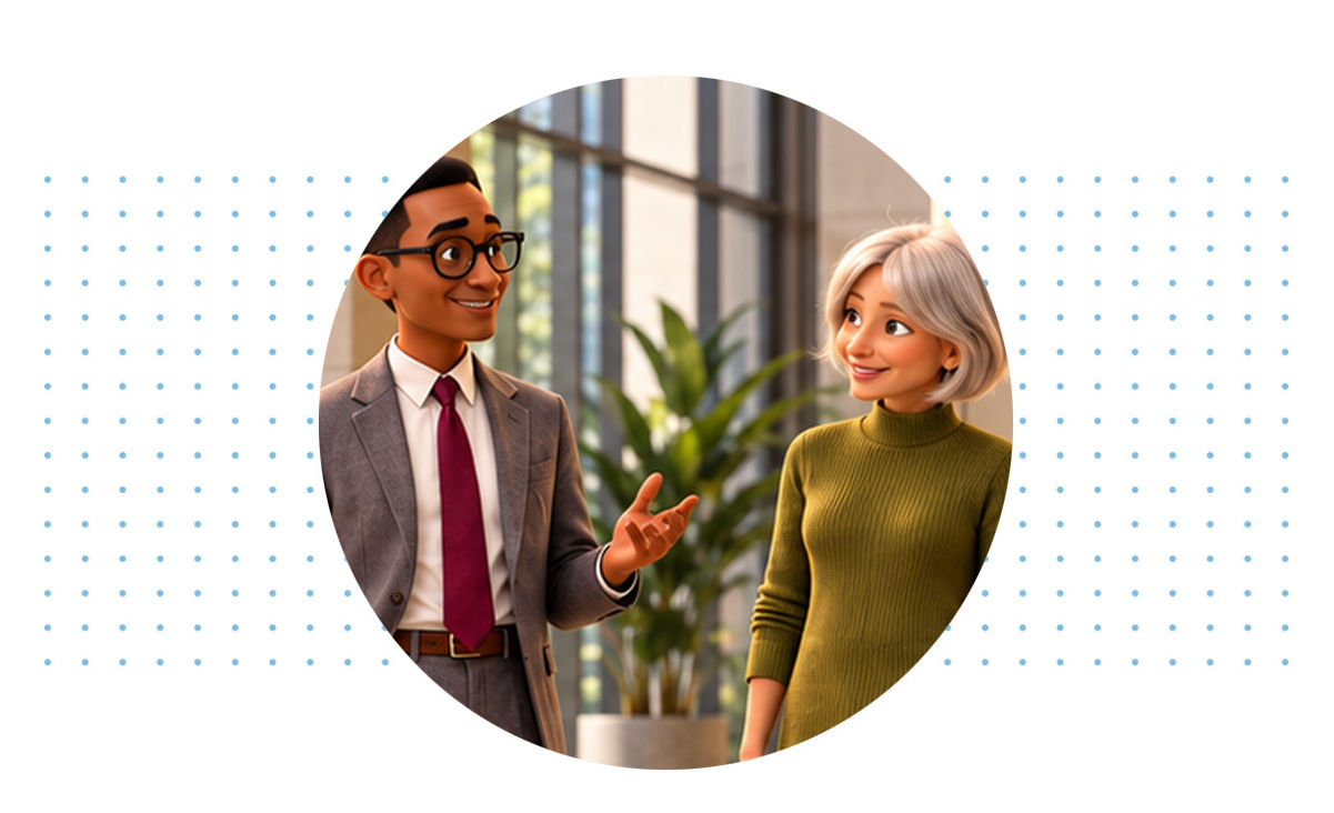 Two professionals converse in a modern office, with one gesturing as the other listens.