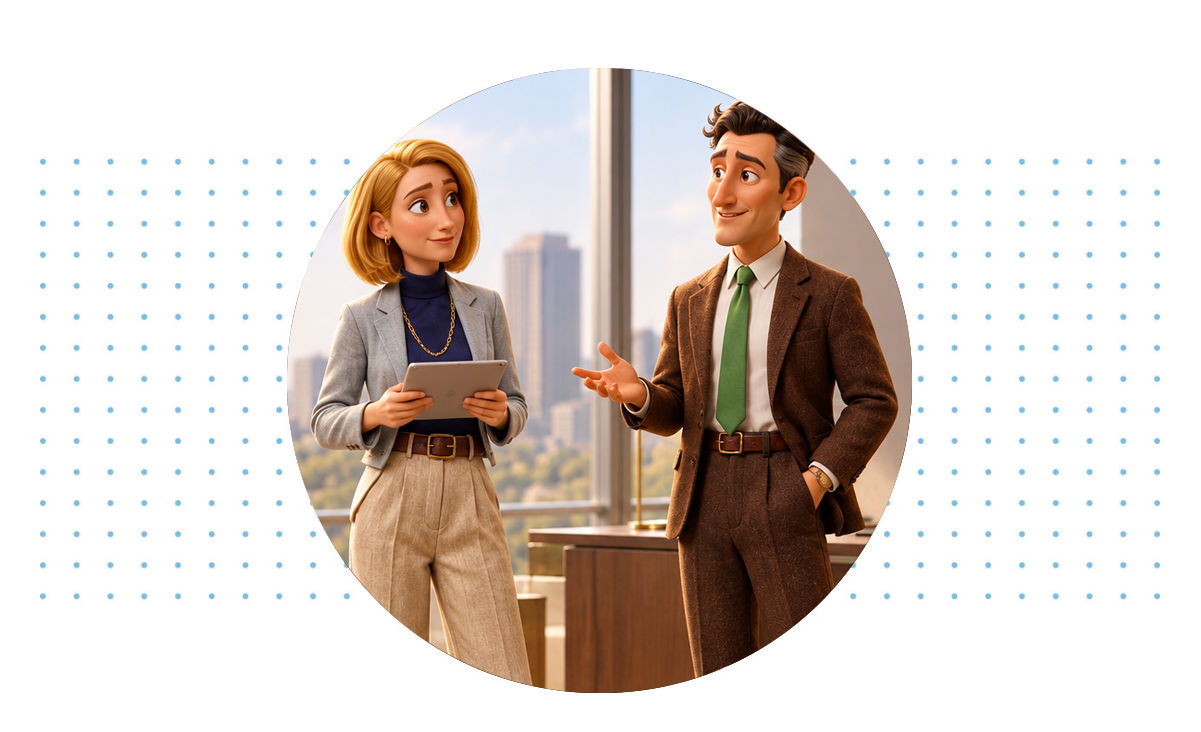 Two professionals converse in an office, with one holding a tablet and the other gesturing.