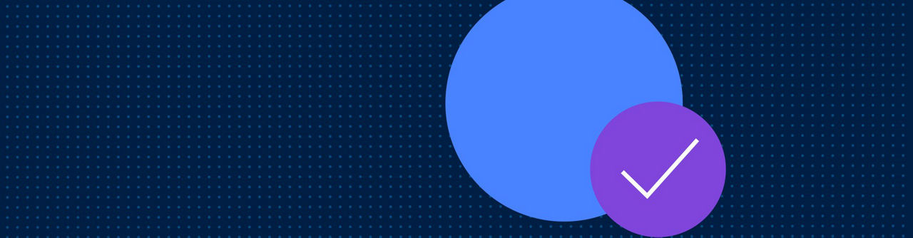 Abstract blue and purple circles with a checkmark on a navy dotted background.