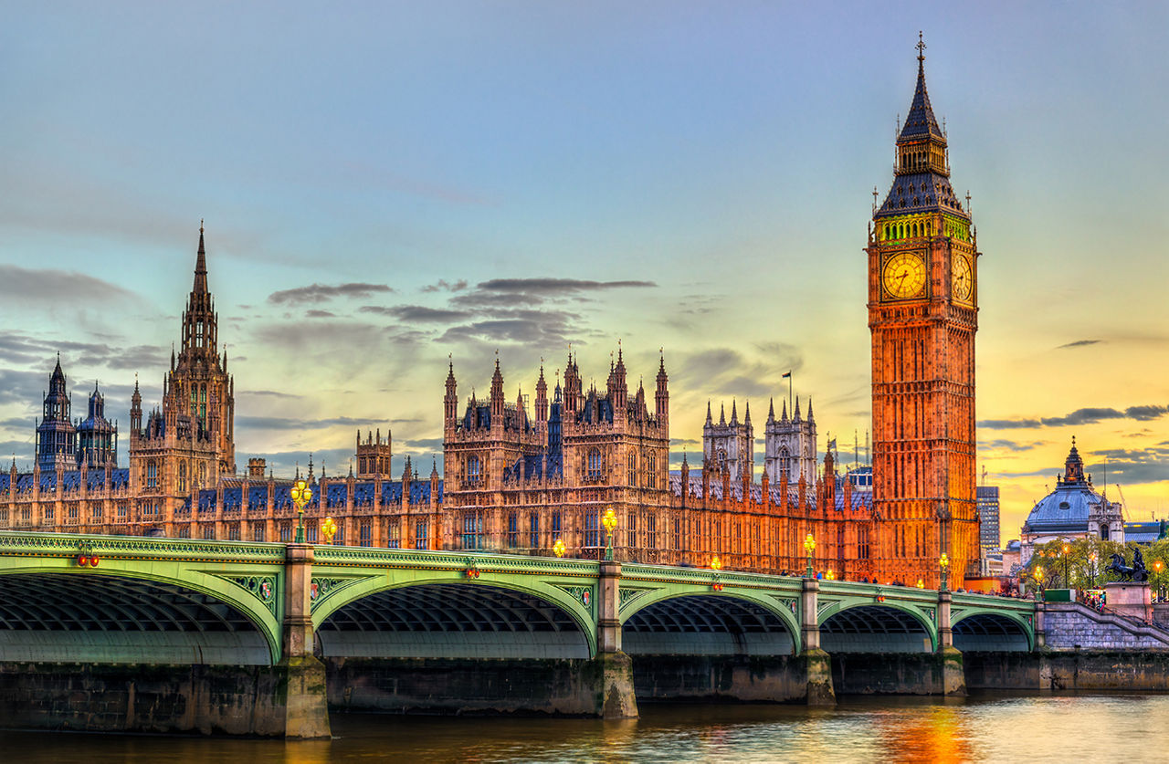 London skyline with the Palace of Westminster and Big Ben.