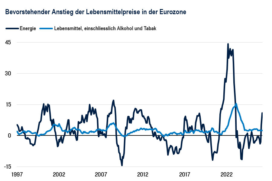 Euro area annual inflation: energy highly volatile with 2022 spike, food steadier, rising modestly then easing (1997–2026).