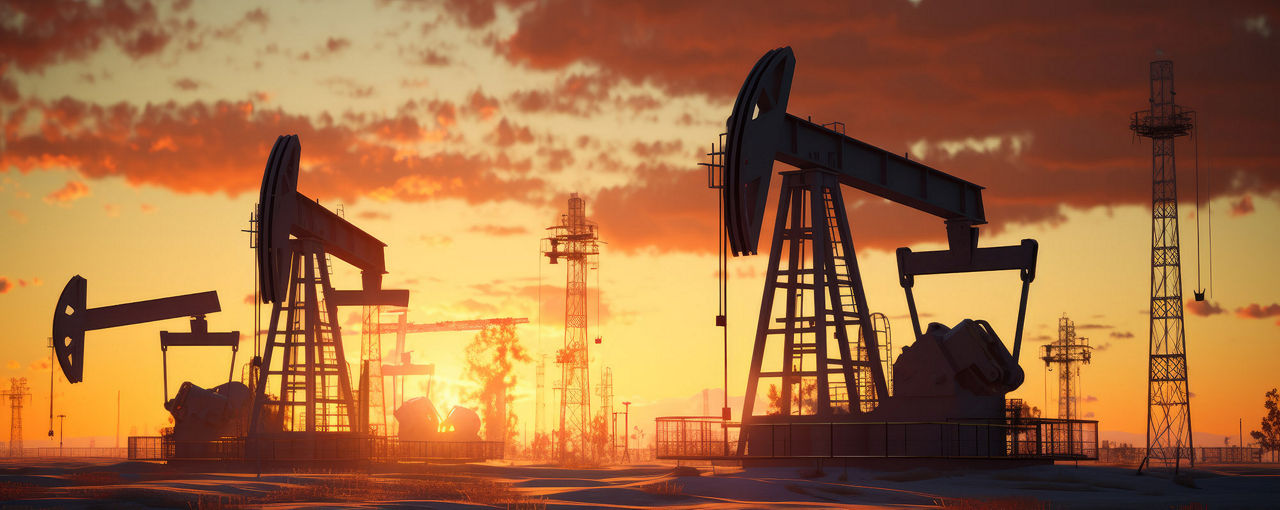 Oil pumps mined oil and natural gas at sunset background. Generative AI