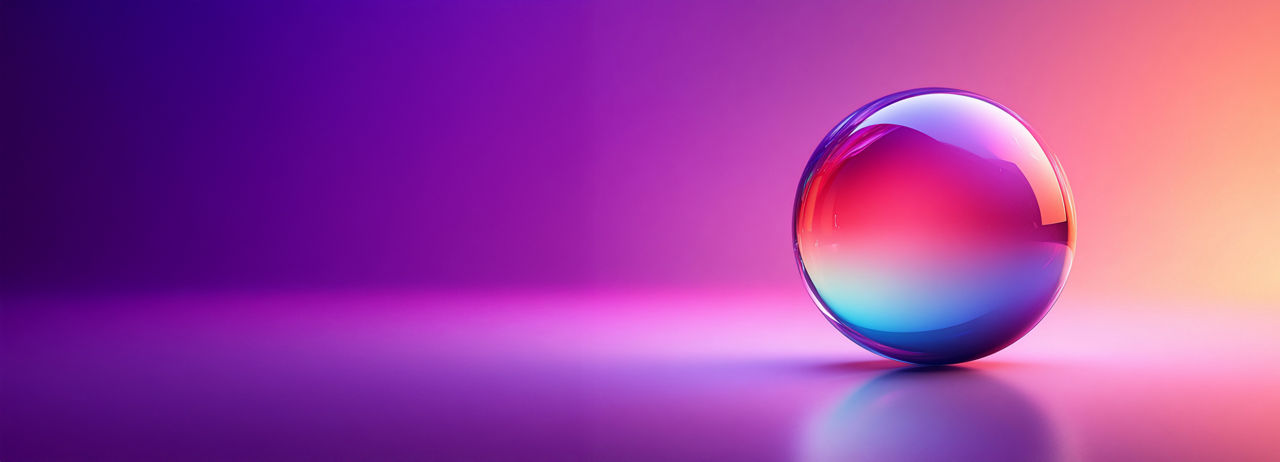 Iridescent glass sphere on vibrant neon background.