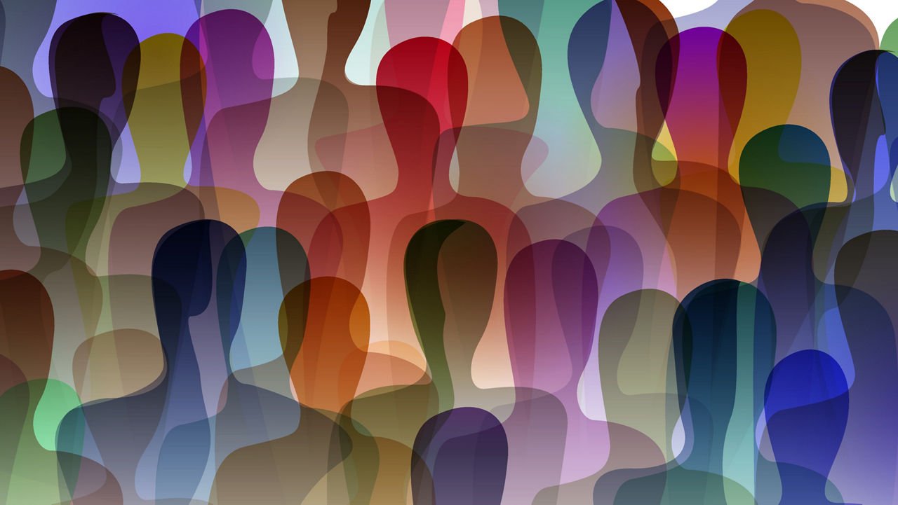 many people, crowd concept, color of inner world of each person,