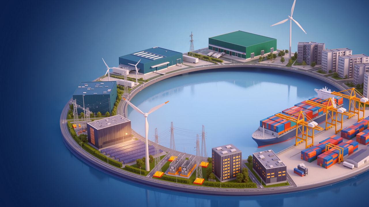 Blue gradient banner featuring a small stylized 3D illustration of a waterfront real assets ecosystem in the upper-right corner. The scene includes a container port with cranes and cargo ship, industrial warehouses, power infrastructure, wind turbines, commercial buildings, and residential housing arranged around a circular shoreline, with ample open space for webpage content.