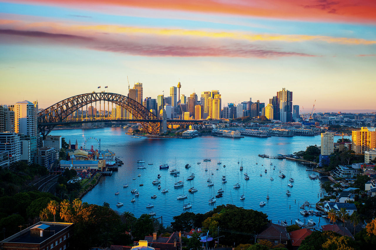 Panorama of Sydney harbour and bridge in Sydney city