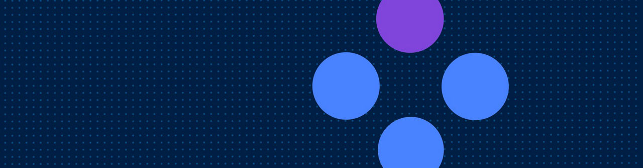 Abstract connected blue and purple circles representing a team on a navy dotted background.