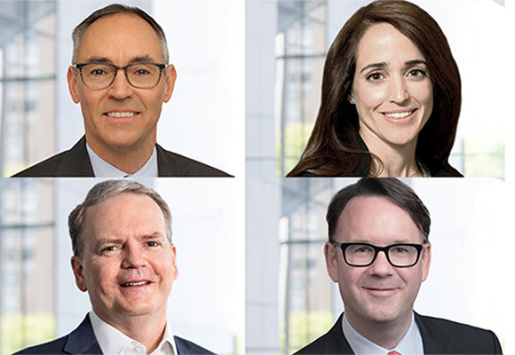 Four professional headshots arranged in a 2x2 grid. Each portrait shows an individual in business attire photographed against a softly blurred office background with large windows. The image is designed as a webinar speaker graphic, featuring equal-sized headshots with consistent lighting and framing.