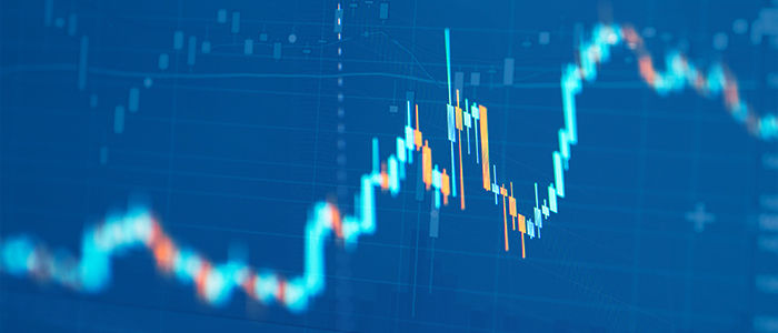 Blue financial market chart with rising and falling price lines