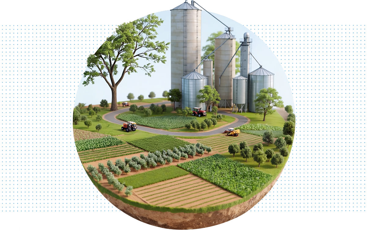 Agricultural property with crop fields, orchards, tractors, farm roads, and grain storage silos.