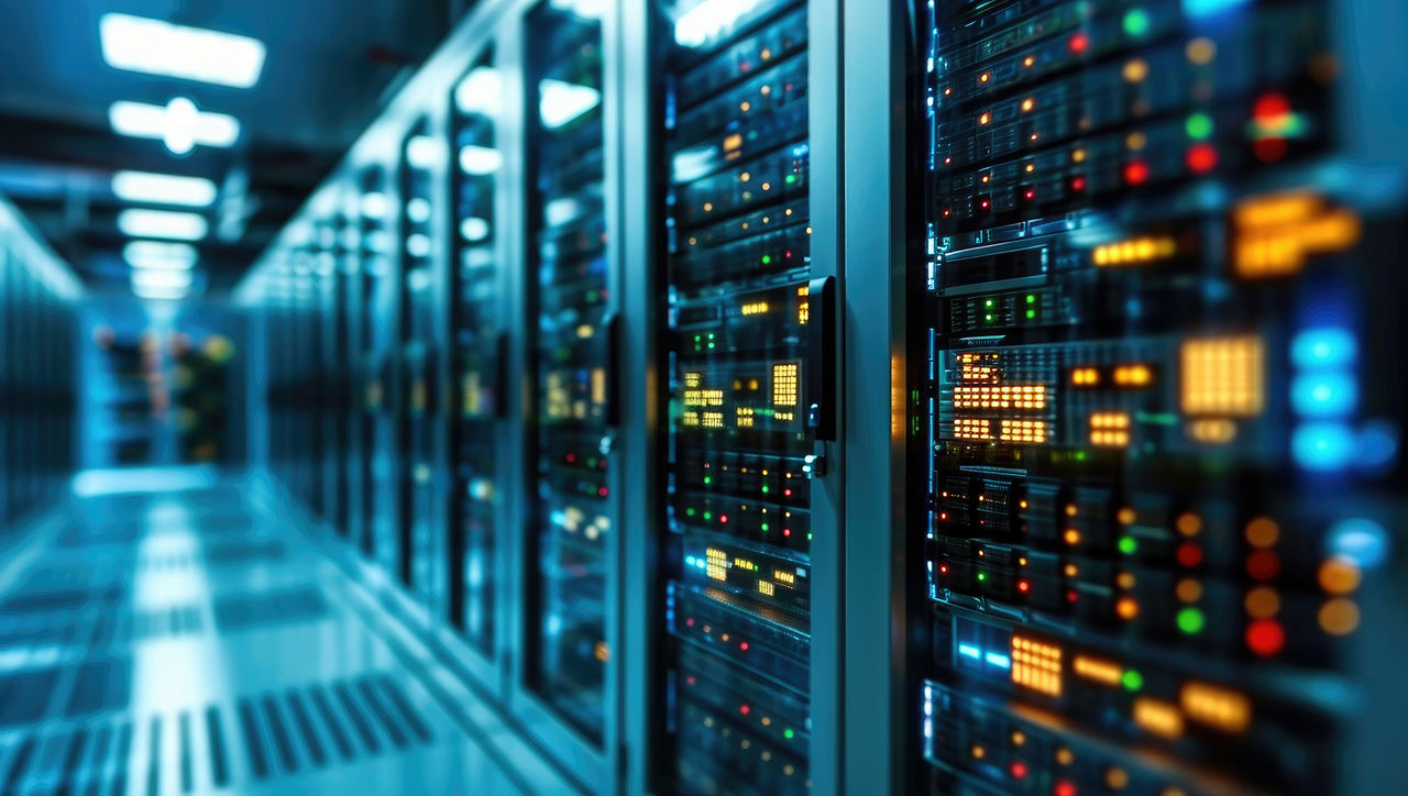 Modern Rack LED console in server room data center. Generative AI.