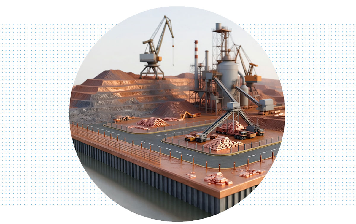 Stylized 3D illustration of an industrial mining and resource-processing site featuring open-pit extraction areas, cranes, conveyors, processing facilities, transport vehicles, and stacked metal ingots. The scene represents commodities production and natural resource infrastructure.