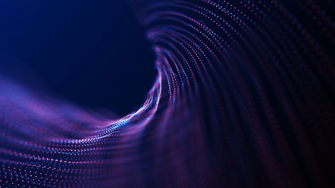 Abstract particle vortex. Futuristic dynamic wave moving in space. Illustration with explosion of data. 3d rendering.
