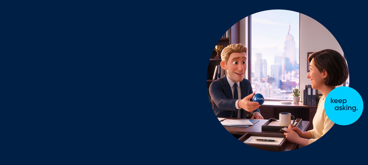 White and gold segmented sphere on a navy background; placeholder ETF campaign image.