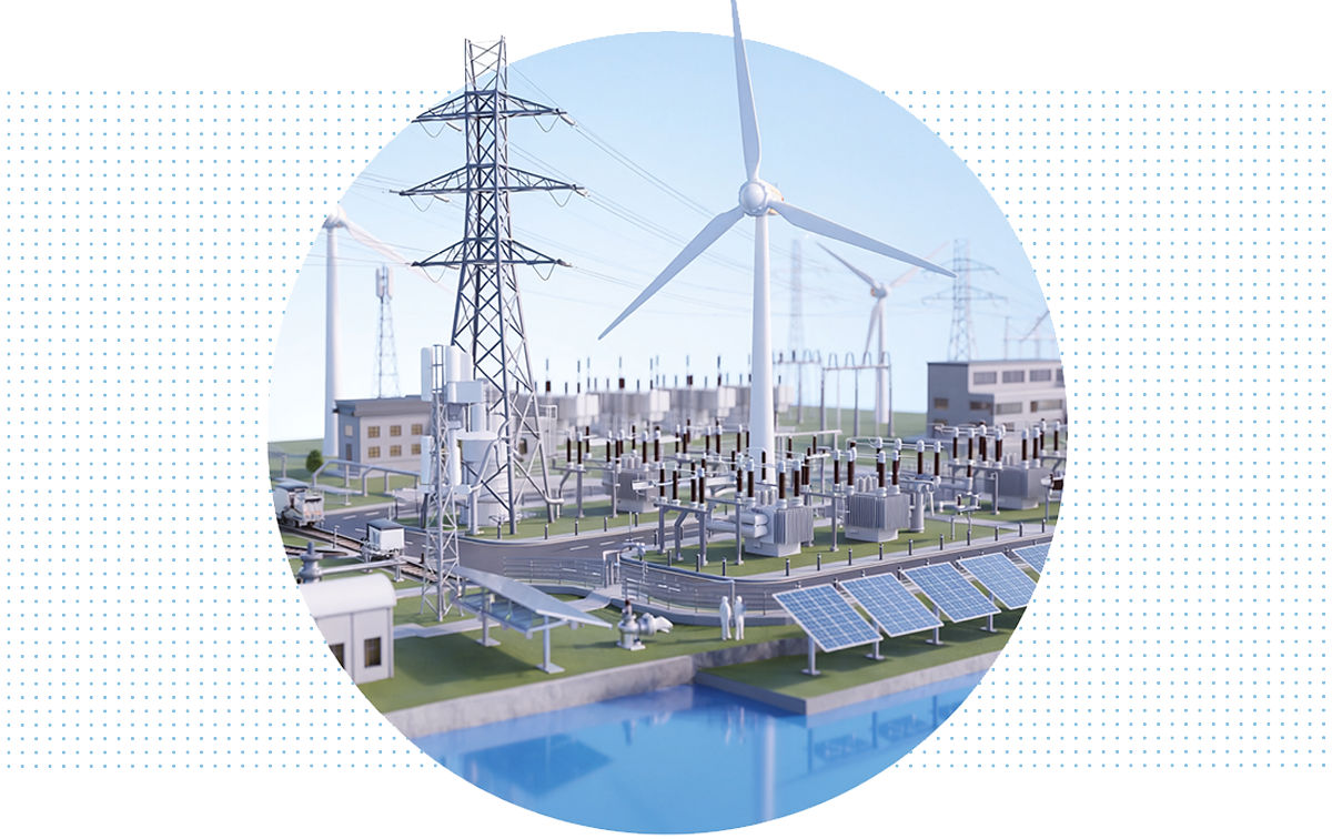 Stylized 3D illustration of energy and utility infrastructure featuring an electrical substation, transmission towers, solar panels, wind turbines, and industrial buildings beside a waterfront. The scene highlights power generation, renewable energy, and grid distribution assets.