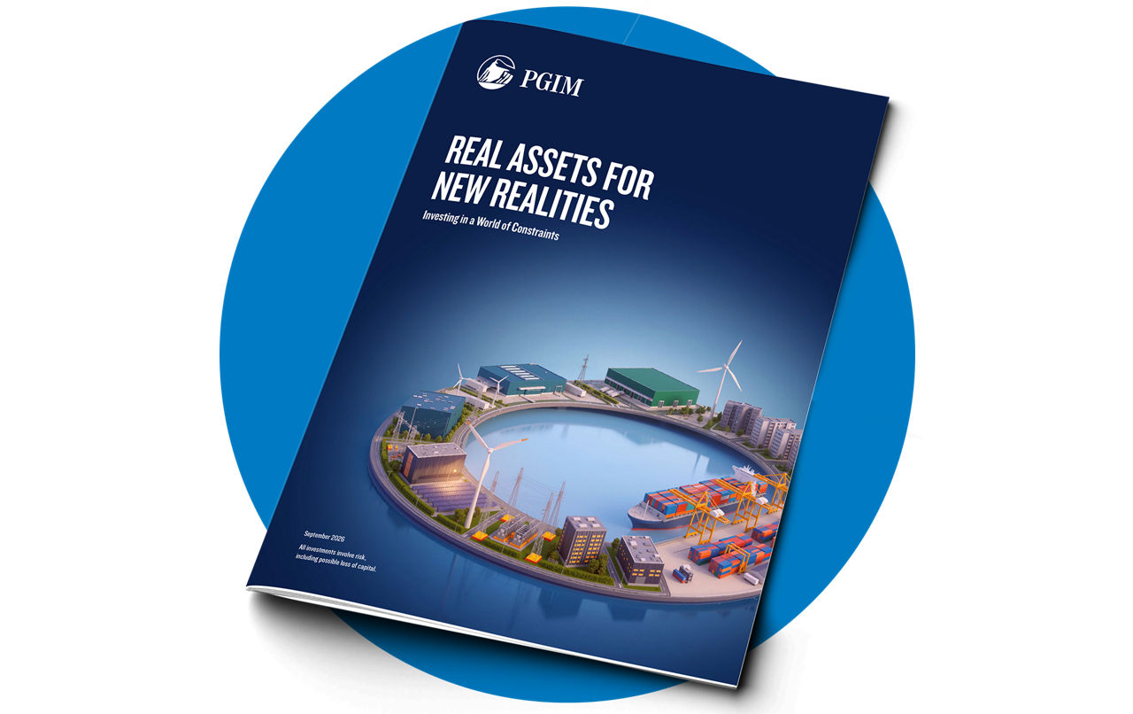 PGIM report cover titled “Real Assets for New Realities: Investing in a World of Constraints” displayed on a blue circular background. The cover features a stylized 3D waterfront scene with industrial facilities, renewable energy infrastructure, residential buildings, a container port, and a cargo ship surrounding a central body of water.