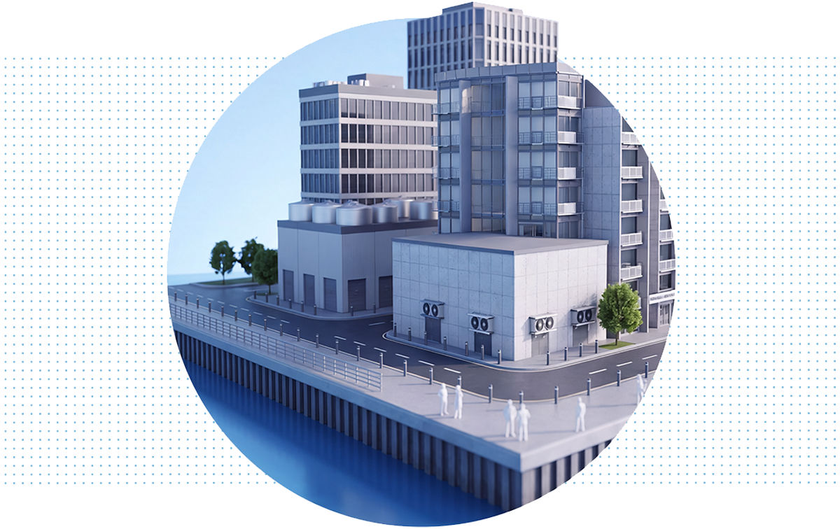 Stylized 3D illustration of modern commercial real estate along a waterfront promenade. The scene features office buildings, mixed-use properties, streets, trees, and pedestrian walkways, representing institutional real estate assets.