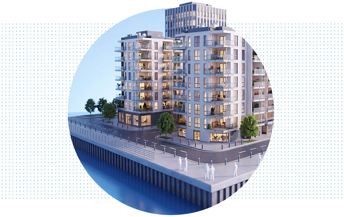Stylized 3D illustration of a multifamily residential development located along a waterfront. The scene includes apartment buildings with balconies, landscaped streets, pedestrian walkways, and surrounding urban infrastructure, representing publicly traded real estate assets.