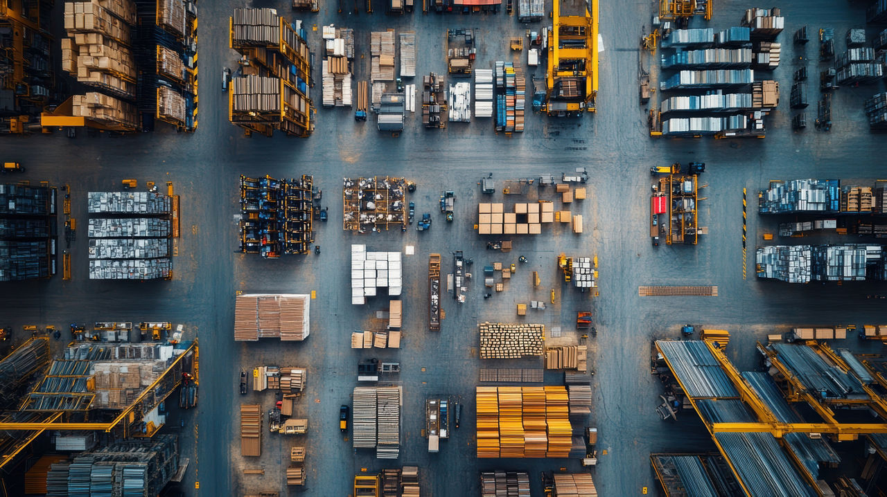 Overhead view of warehouse storage areas containing pallets, boxes, shelving and industrial equipment.