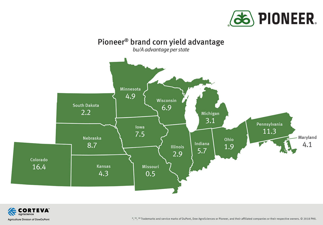 Pioneer® brand corn yield advantage - bu/a advantage per state.