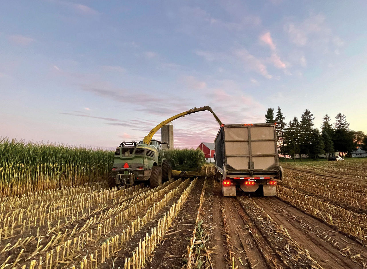 Photo - corn harvest operation - red barn in background
