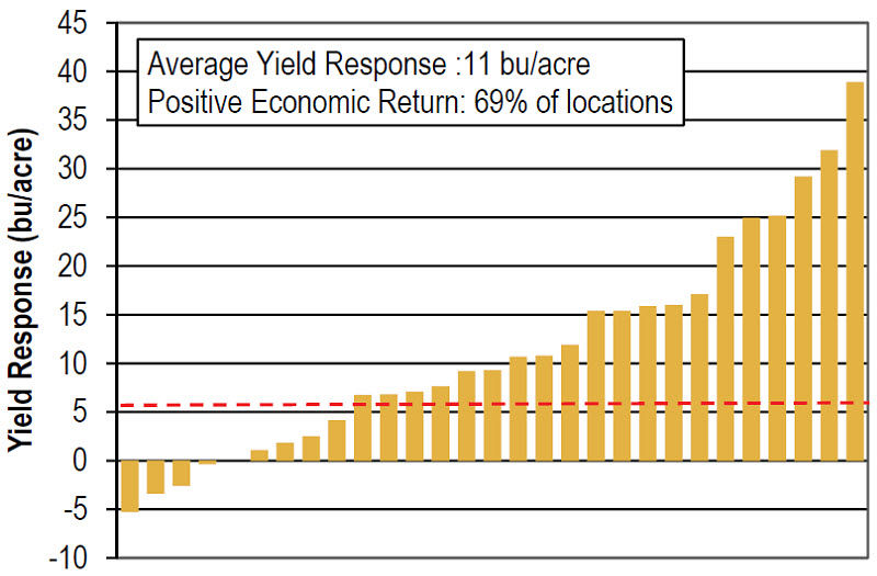 Corn yield response to Aproach Prima fungicide applied at the VT-R1 corn growth stage by location and hybrid.