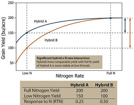 Response of two hypothetical corn hybrids showing a significant hybrid x N rate interaction