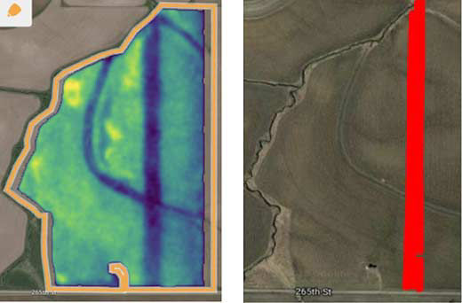 Granular Insights satellite imagery and associated application map for VT corn fungicide application in Carroll County, IA, August 2018.