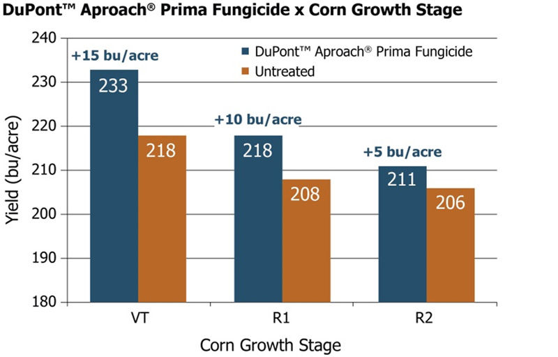 Average yields from 40 Pioneer GrowingPoint agronomy trials in Iowa illustrating the value of timely fungicide applications.