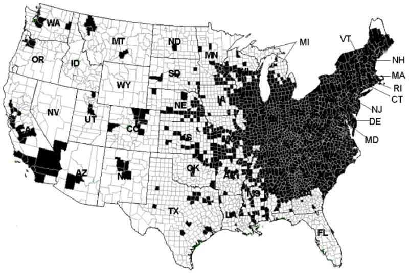 Japanese beetle distribution map (U.S.)