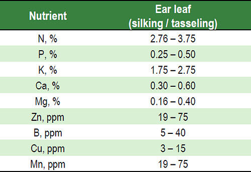 Some critical nutrient values for corn ear leaves silking / tasseling