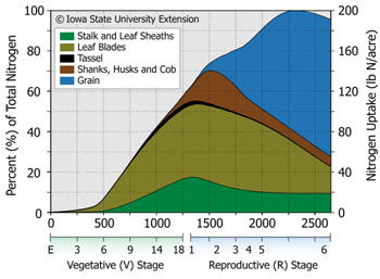 Seasonal N uptake (lbs N/acre) separated into leaf, stalk, tassel, husk+cob, and grain material for a typical corn crop.