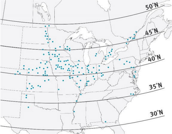 Map listing locations of plant population studies conducted by Pioneer from 2000 to 2014.