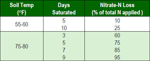 Estimated denitrification losses as influenced by soil temperature and days of saturation for corn.