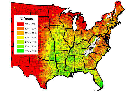 Percent of years with greater than 14 inches of precipitation from April through June.(US)