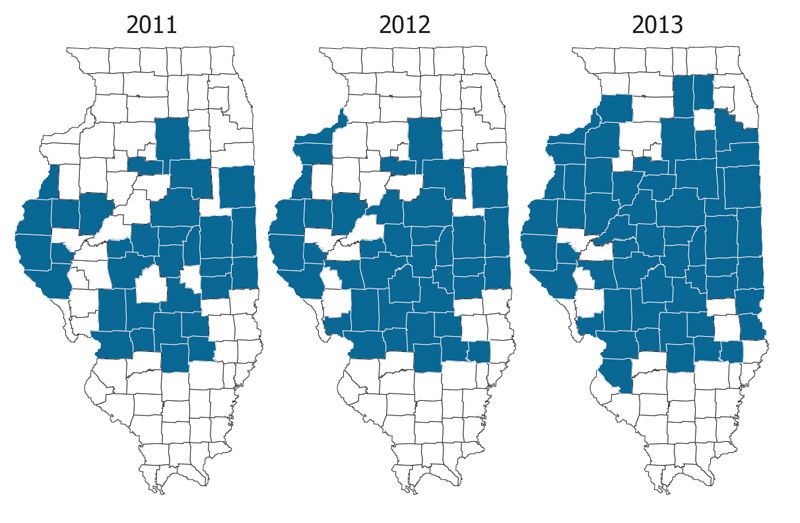 Illinois counties (blue) in which resistant waterhemp has been confirmed by molecular assay.
