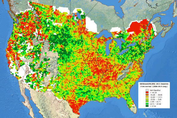 2015 deviation from normal (2006-2015 avg.) solar radiation during the